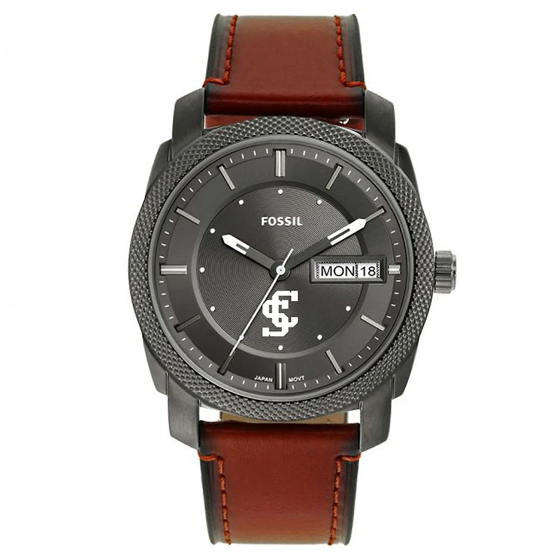 Men's Fossil Santa Clara Broncos Machine Three-Hand Date Brown Leather Watch