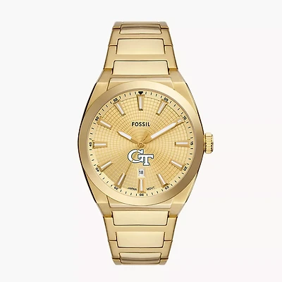 Men's Fossil  Gold Georgia Tech Yellow Jackets Everett Three-Hand Date Stainless Steel Watch