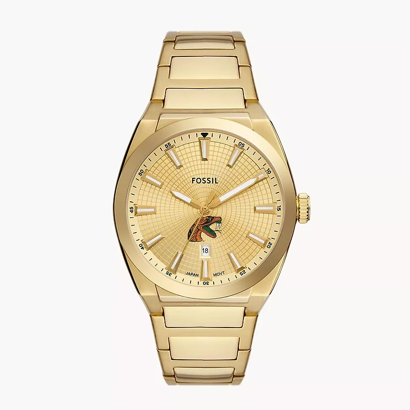 Men's Fossil  Gold Florida A&M Rattlers Everett Three-Hand Date Stainless Steel Watch