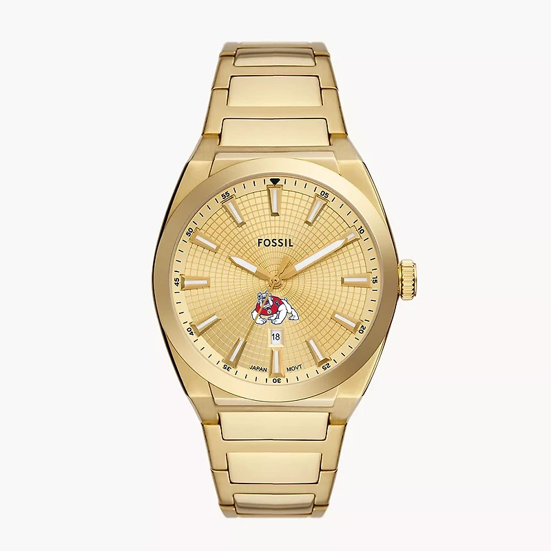 Men's Fossil  Gold Fresno State Bulldogs Everett Three-Hand Date Stainless Steel Watch