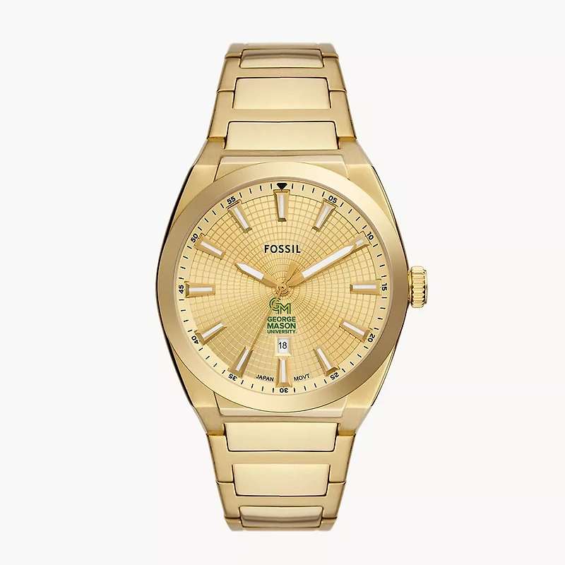 Men's Fossil  Gold George Mason Patriots Everett Three-Hand Date Stainless Steel Watch