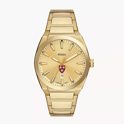 Men's Fossil  Gold Harvard Crimson Everett Three-Hand Date Stainless Steel Watch