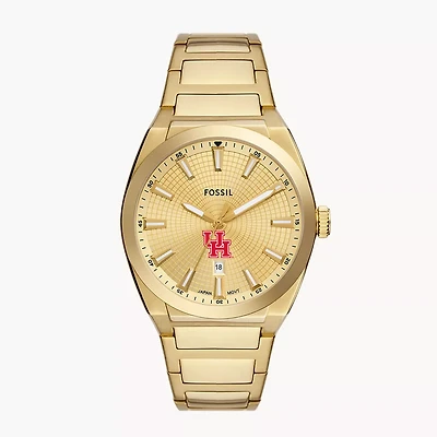 Men's Fossil  Gold Houston Cougars Everett Three-Hand Date Stainless Steel Watch