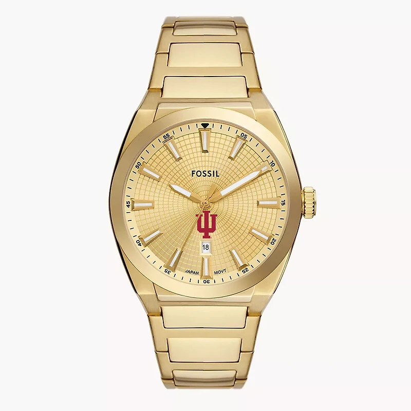 Men's Fossil Gold Indiana Hoosiers Everett Three-Hand Date Stainless Steel Watch