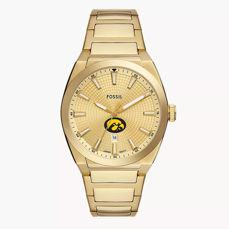 Men's Fossil  Gold Iowa Hawkeyes Everett Three-Hand Date Stainless Steel Watch