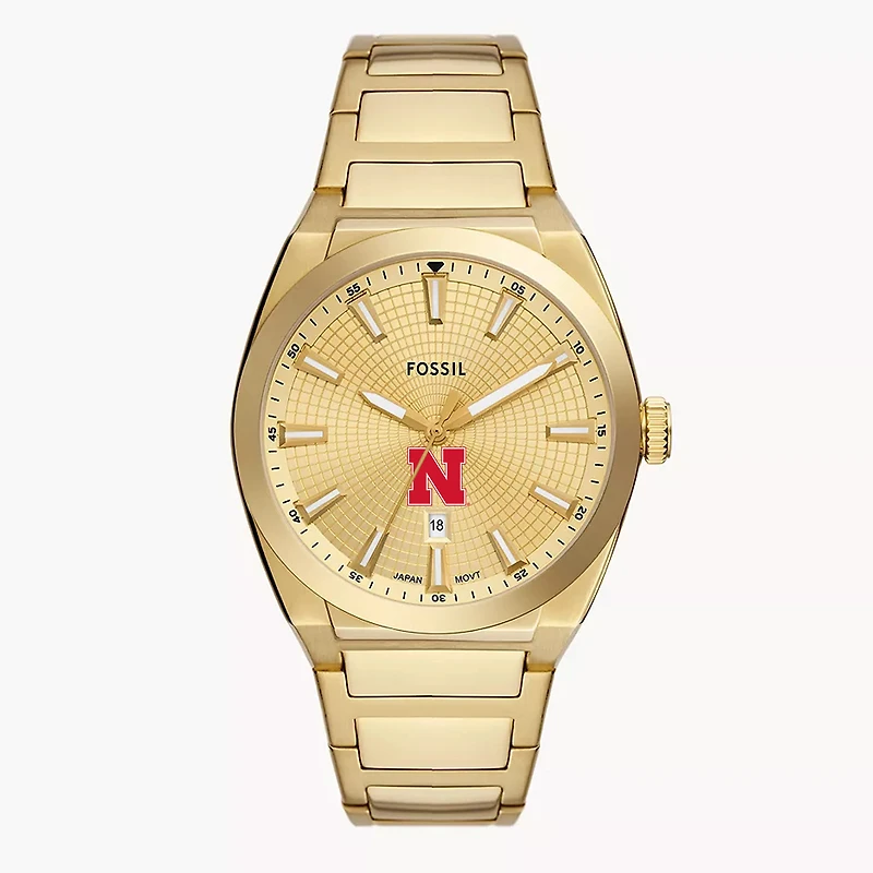Men's Fossil  Gold Nebraska Huskers Everett Three-Hand Date Stainless Steel Watch