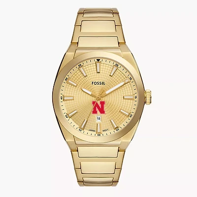 Men's Fossil  Gold Nebraska Huskers Everett Three-Hand Date Stainless Steel Watch