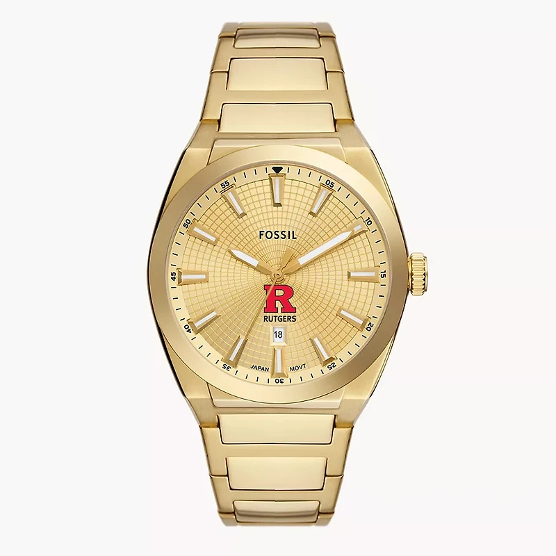 Men's Fossil  Gold Rutgers Scarlet Knights Everett Three-Hand Date Stainless Steel Watch