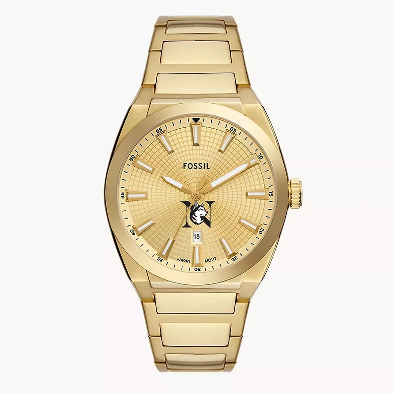 Men's Fossil  Gold Northeastern Huskies Everett Three-Hand Date Stainless Steel Watch