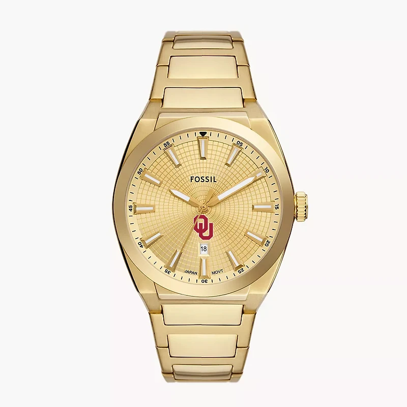Men's Fossil  Gold Oklahoma Sooners Everett Three-Hand Date Stainless Steel Watch