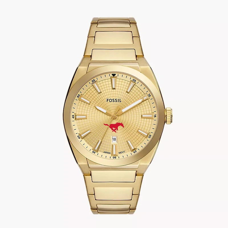 Men's Fossil  Gold SMU Mustangs Everett Three-Hand Date Stainless Steel Watch