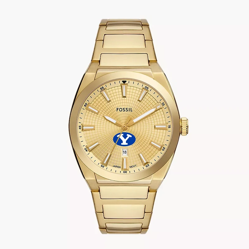 Men's Fossil  Gold BYU Cougars Everett Three-Hand Date Stainless Steel Watch