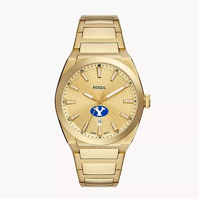 Men's Fossil  Gold BYU Cougars Everett Three-Hand Date Stainless Steel Watch