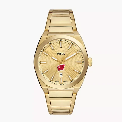 Men's Fossil  Gold Wisconsin Badgers Everett Three-Hand Date Stainless Steel Watch