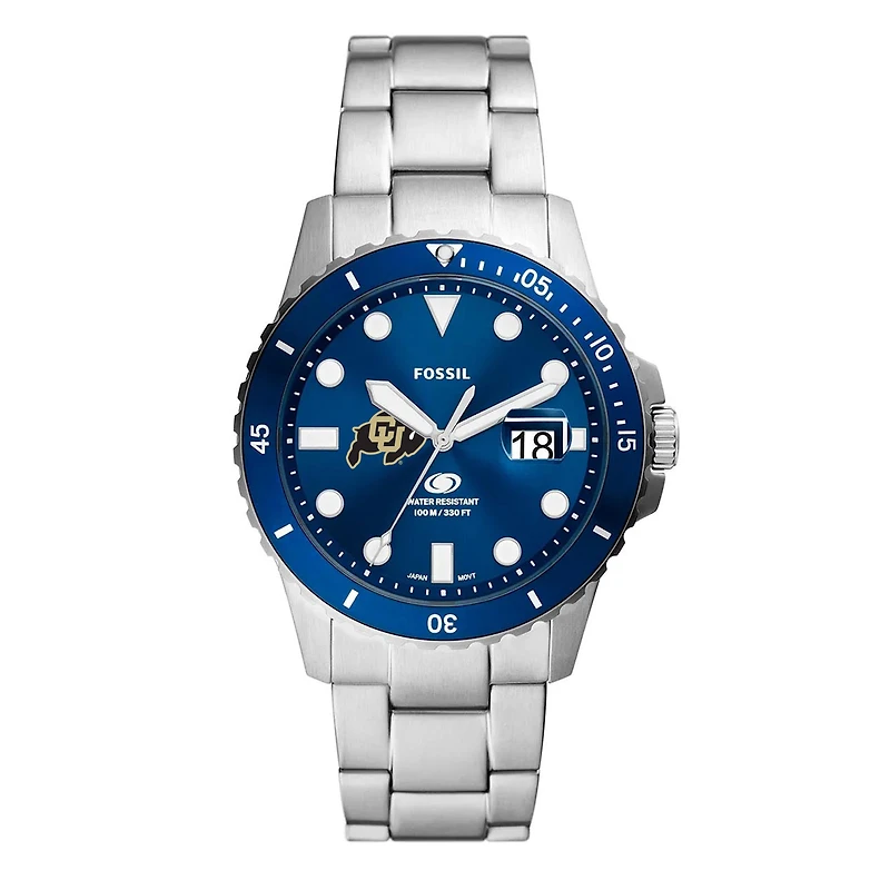 Men's Fossil  Silver Colorado Buffaloes Dive Three-Hand Date Stainless Steel Watch