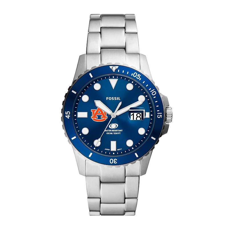 Men's Fossil  Silver Auburn Tigers Dive Three-Hand Date Stainless Steel Watch