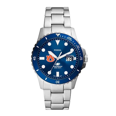 Men's Fossil  Silver Auburn Tigers Dive Three-Hand Date Stainless Steel Watch