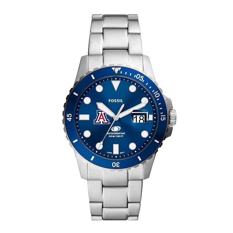 Men's Fossil  Silver Arizona Wildcats Dive Three-Hand Date Stainless Steel Watch