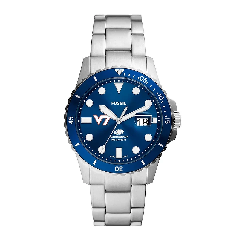 Men's Fossil  Silver Virginia Tech Hokies Dive Three-Hand Date Stainless Steel Watch