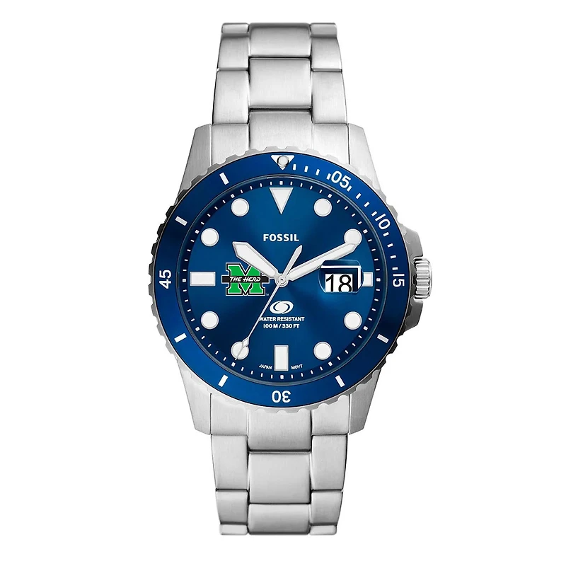 Men's Fossil  Silver Marshall Thundering Herd Dive Three-Hand Date Stainless Steel Watch