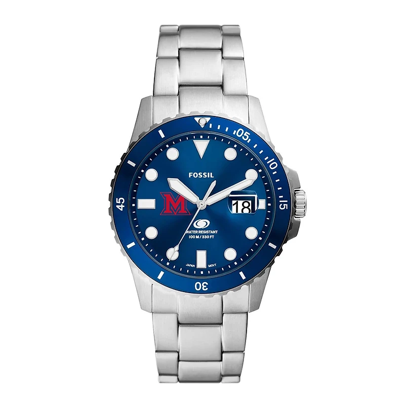 Men's Fossil  Silver Miami University RedHawks Dive Three-Hand Date Stainless Steel Watch