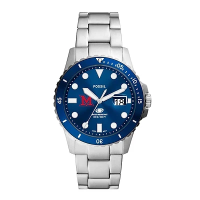 Men's Fossil  Silver Miami University RedHawks Dive Three-Hand Date Stainless Steel Watch