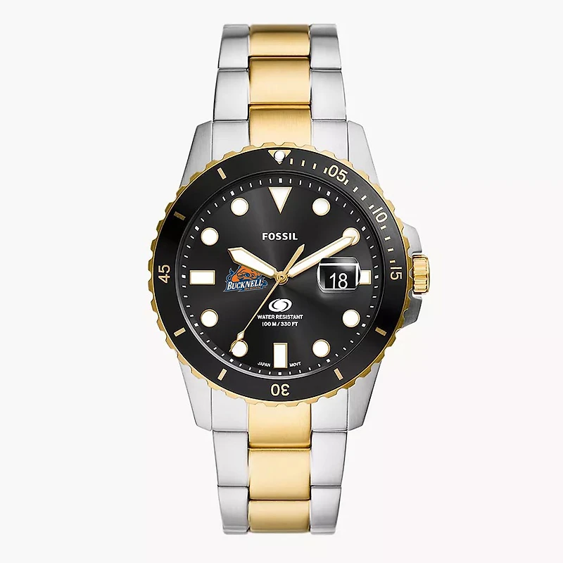 Men's Fossil Silver Bucknell Bison Blue Dive Three-Hand Date Two-Tone Stainless Steel Watch