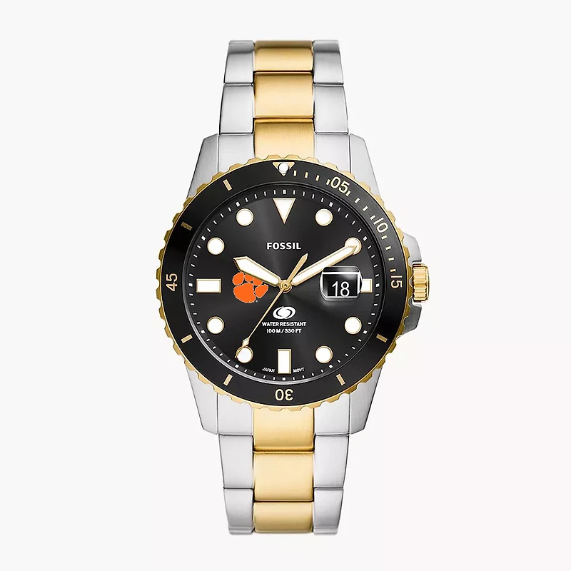 Men's Fossil  Silver Clemson Tigers Blue Dive Three-Hand Date Two-Tone Stainless Steel Watch