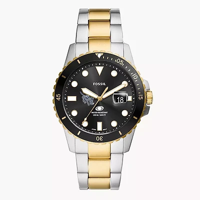 Men's Fossil Silver Colorado School of Mines Orediggers Blue Dive Three-Hand Date Two-Tone Stainless Steel Watch