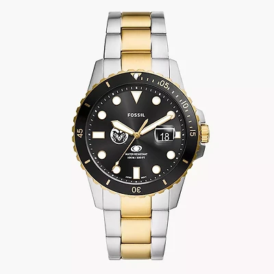 Men's Fossil Silver Colorado State Rams Blue Dive Three-Hand Date Two-Tone Stainless Steel Watch
