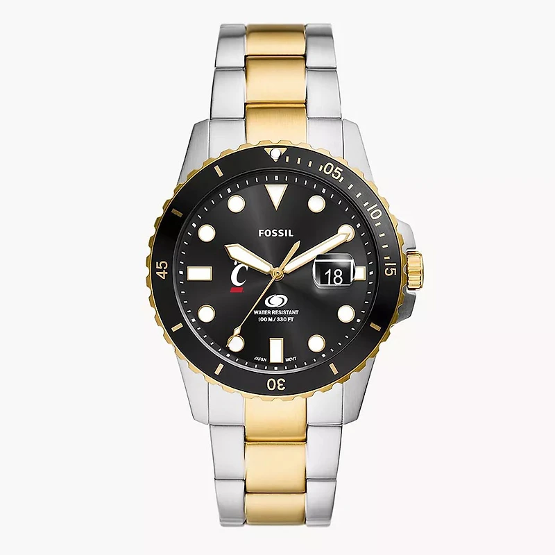Men's Fossil Silver Cincinnati Bearcats Blue Dive Three-Hand Date Two-Tone Stainless Steel Watch