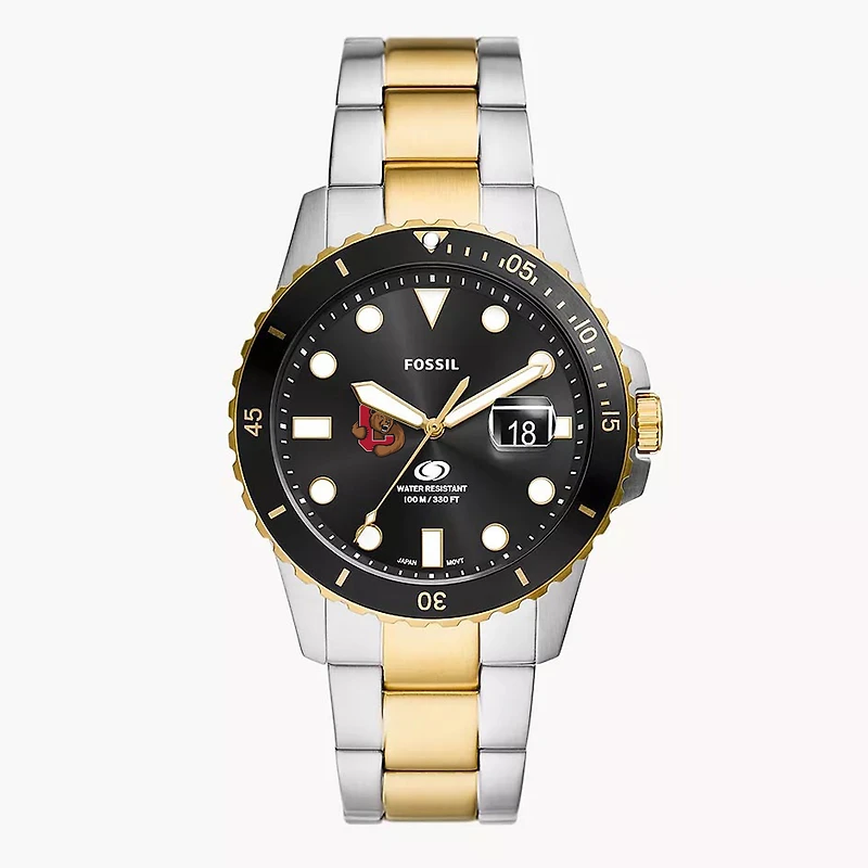 Men's Fossil  Silver Cornell Big Red Blue Dive Three-Hand Date Two-Tone Stainless Steel Watch