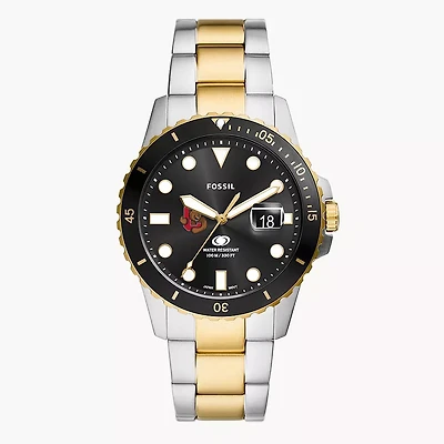 Men's Fossil Silver Cornell Big Red Blue Dive Three-Hand Date Two-Tone Stainless Steel Watch