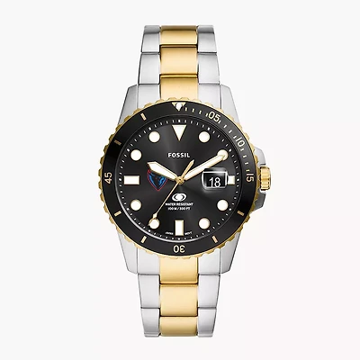 Men's Fossil Silver DePaul Blue Demons Blue Dive Three-Hand Date Two-Tone Stainless Steel Watch