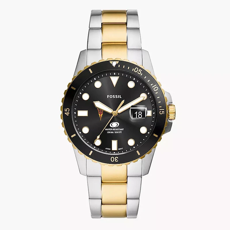 Men's Fossil Silver Arizona State Sun Devils Blue Dive Three-Hand Date Two-Tone Stainless Steel Watch