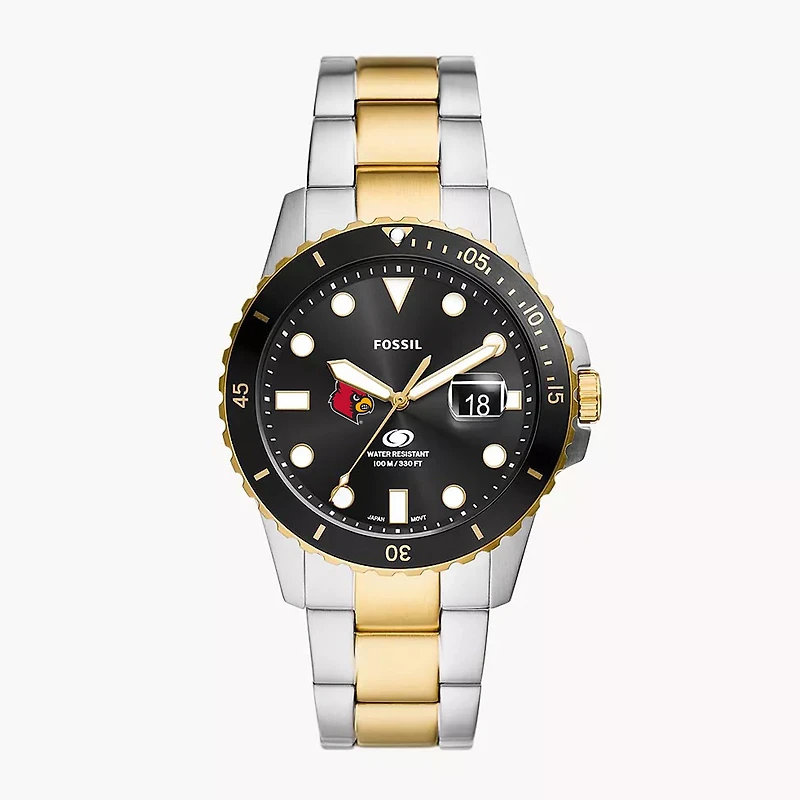 Men's Fossil  Silver Louisville Cardinals Blue Dive Three-Hand Date Two-Tone Stainless Steel Watch