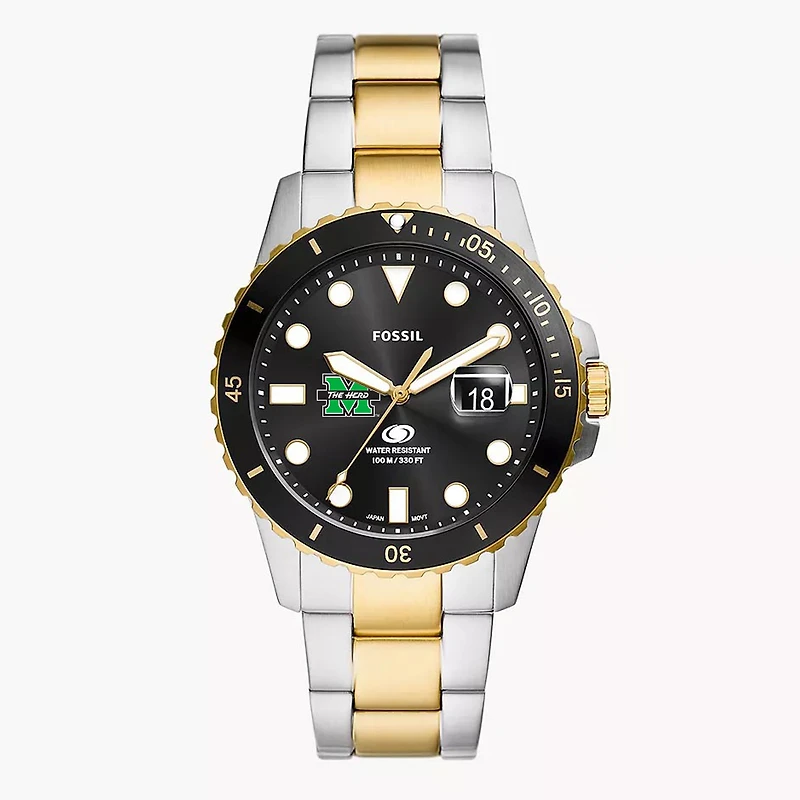 Men's Fossil  Silver Marshall Thundering Herd Blue Dive Three-Hand Date Two-Tone Stainless Steel Watch