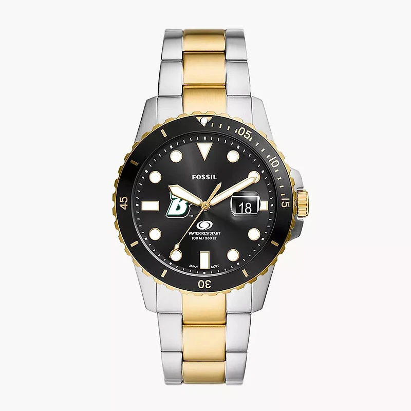 Men's Fossil Silver Binghamton Bearcats Blue Dive Three-Hand Date Two-Tone Stainless Steel Watch