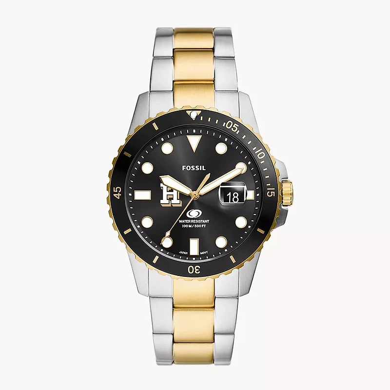 Men's Fossil  Silver Hamilton Continentals Blue Dive Three-Hand Date Two-Tone Stainless Steel Watch