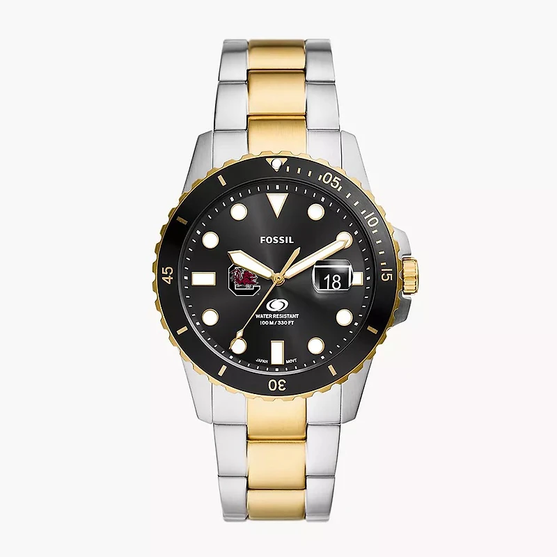 Men's Fossil Silver South Carolina Gamecocks Blue Dive Three-Hand Date Two-Tone Stainless Steel Watch