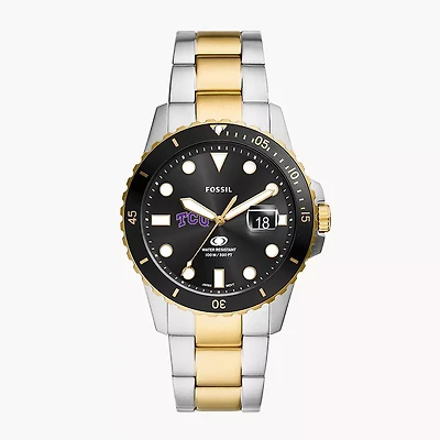 Men's Fossil Silver TCU Horned Frogs Blue Dive Three-Hand Date Two-Tone Stainless Steel Watch