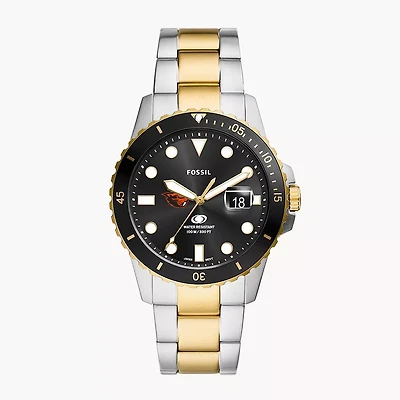 Men's Fossil Silver Oregon State Beavers Blue Dive Three-Hand Date Two-Tone Stainless Steel Watch