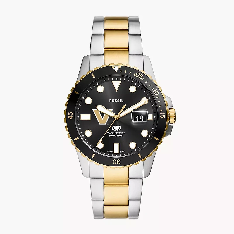 Men's Fossil Silver Vanderbilt Commodores Blue Dive Three-Hand Date Two-Tone Stainless Steel Watch