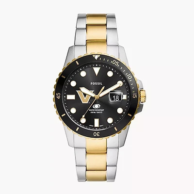 Men's Fossil Silver Vanderbilt Commodores Blue Dive Three-Hand Date Two-Tone Stainless Steel Watch