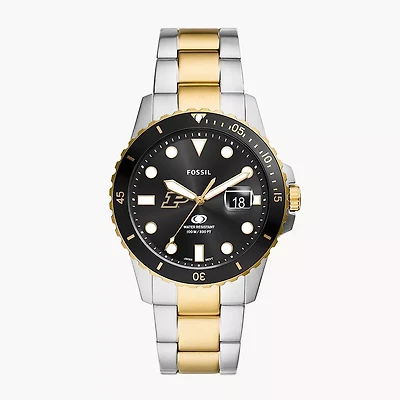 Men's Fossil  Silver Purdue Boilermakers Blue Dive Three-Hand Date Two-Tone Stainless Steel Watch