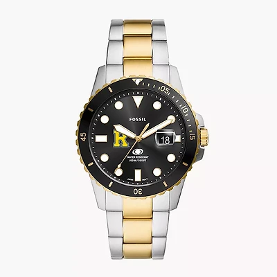 Men's Fossil Silver Rochester Yellow Jackets Blue Dive Three-Hand Date Two-Tone Stainless Steel Watch