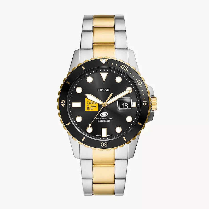 Men's Fossil Silver Saint Rose Golden Knights Blue Dive Three-Hand Date Two-Tone Stainless Steel Watch