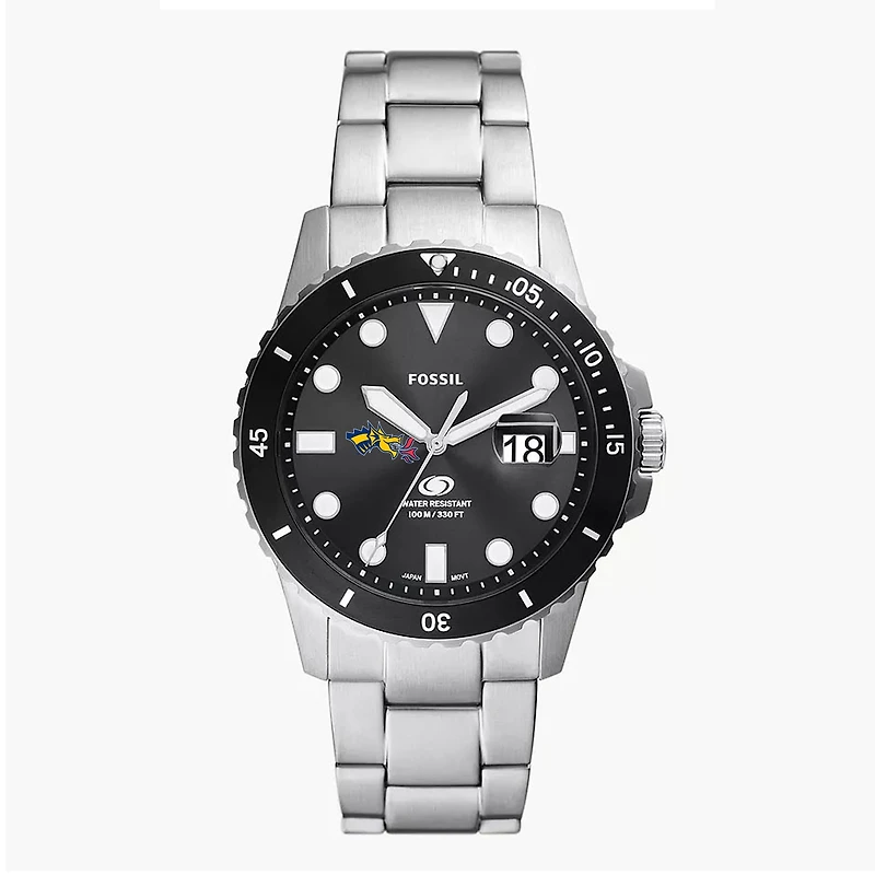 Men's Fossil Silver Drexel Dragons Blue Dive Three-Hand Date Stainless Steel Watch