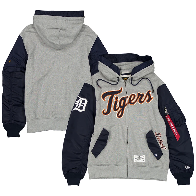 Men's New Era x Alpha Industries Heather Gray/Navy Detroit Tigers Full-Zip Hoodie Jacket