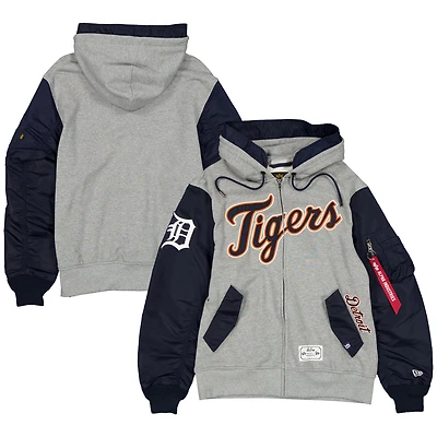 Men's New Era x Alpha Industries Heather Gray/Navy Detroit Tigers Full-Zip Hoodie Jacket